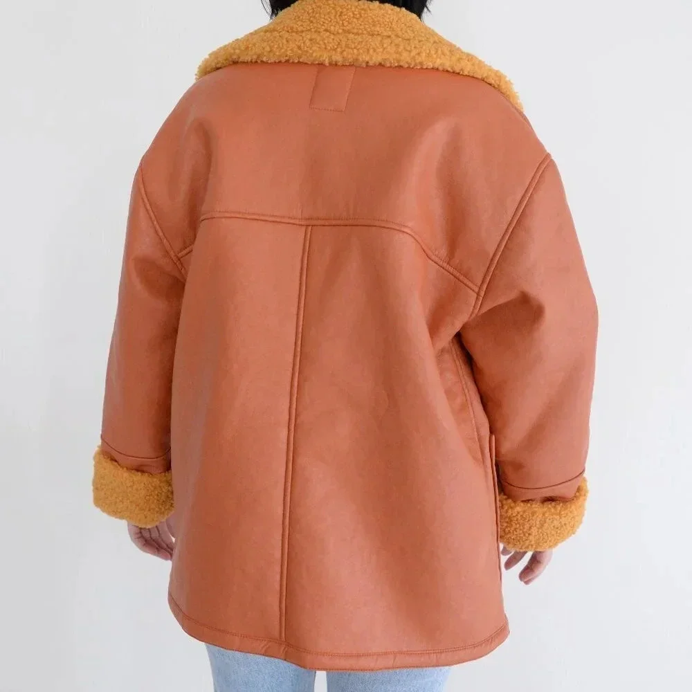 We The Free Kaja Vegan Bonded  Leather Peacoat Rust Bomber Jacket Boho M - Picture 3 of 12